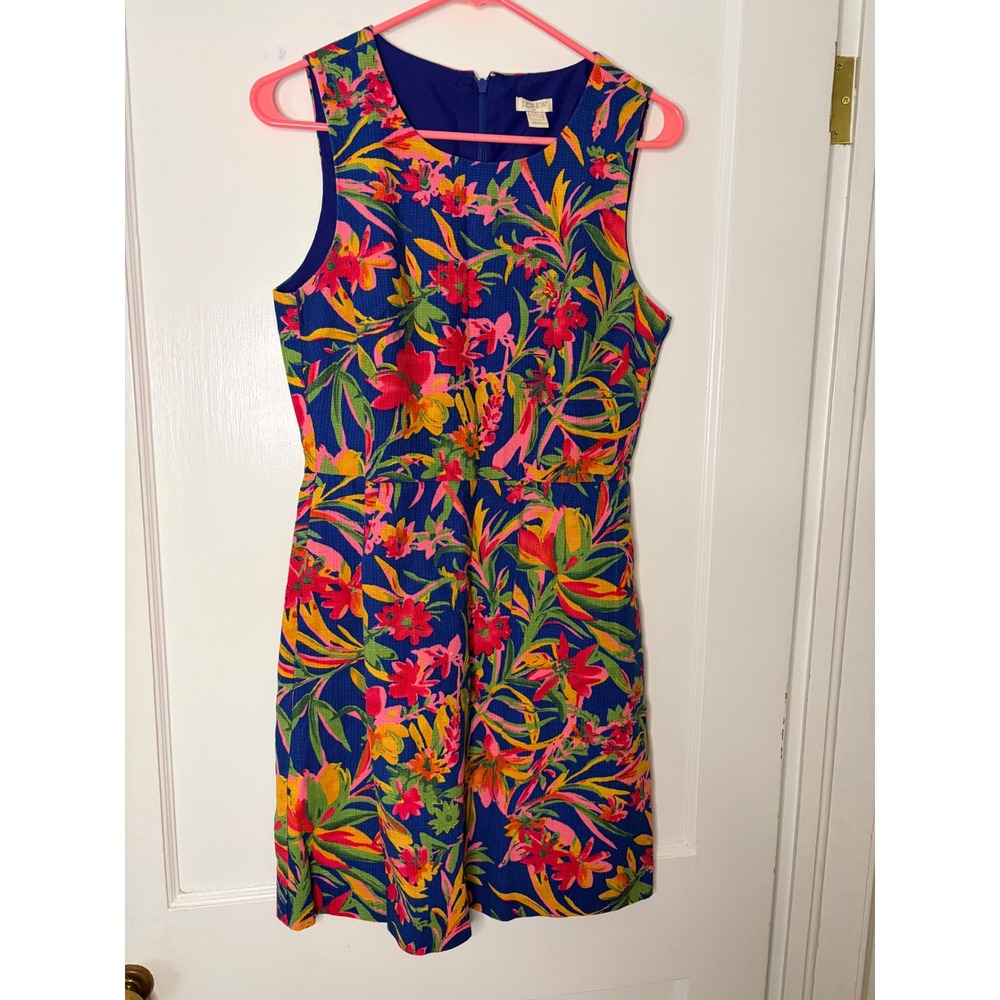 J.Crew Womens Tropical Floral Print Cotton Piqué Sleeveless Sheath Dress Blue 6